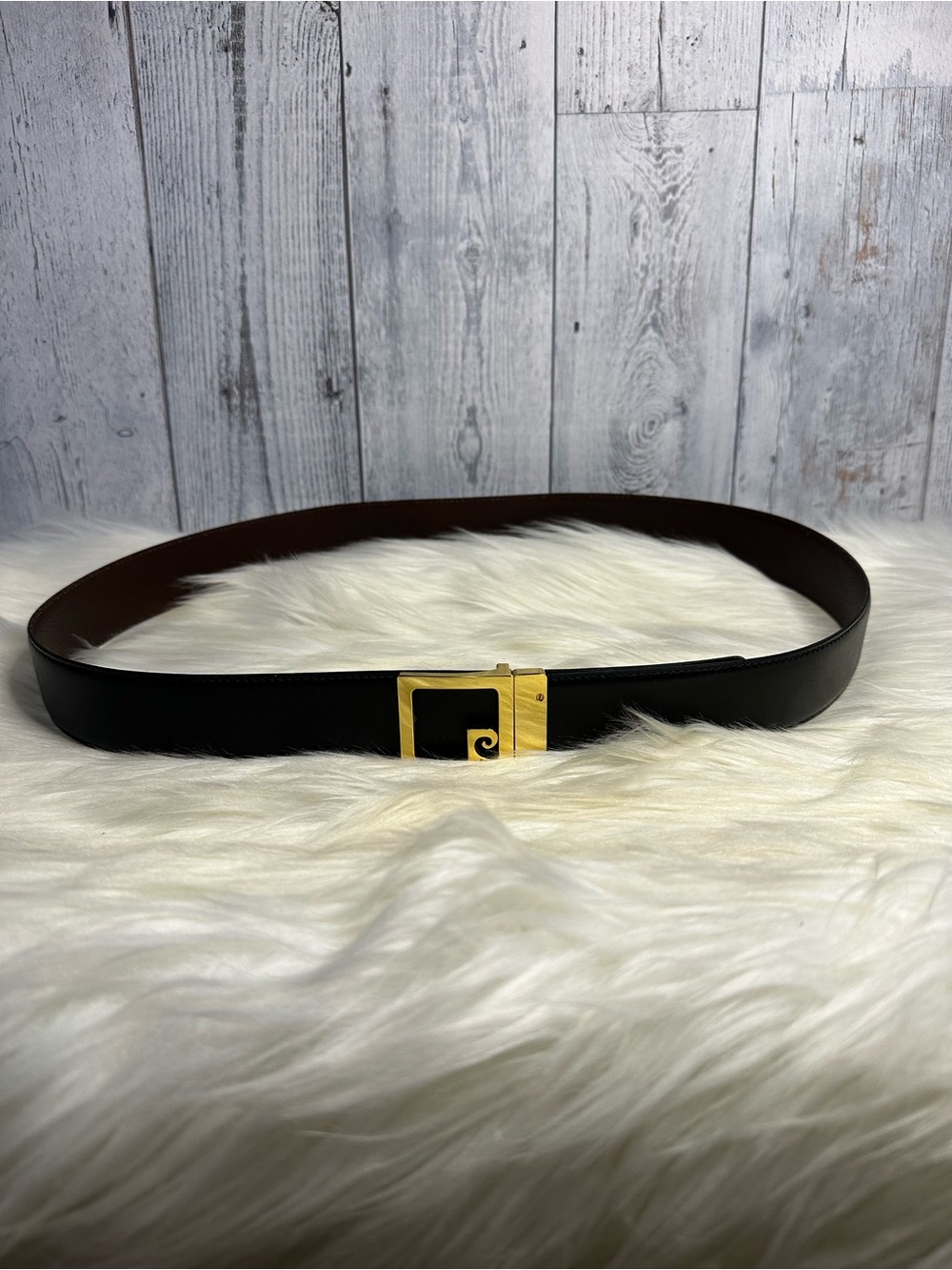 Black Leather Belt with Gold Square Buckle